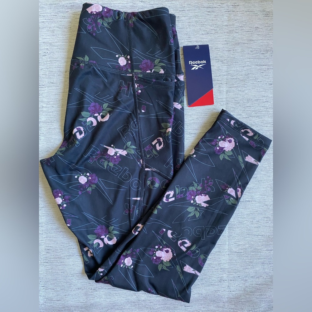 NWT Reebok Black Leggings with Purple and Light Pink Floral Print M
